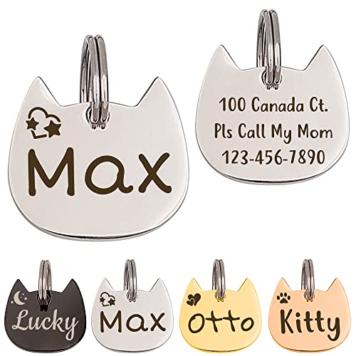 Anavia Cat Head & Fish Shape Pet ID Tags, Personalized Funny Icon Design Cat Name Tag, Customized Gold Plated Glossy Stainless Steel Black Rainbow Cat Dog Collar Tag (Small, Cat Head Shape, Silver)