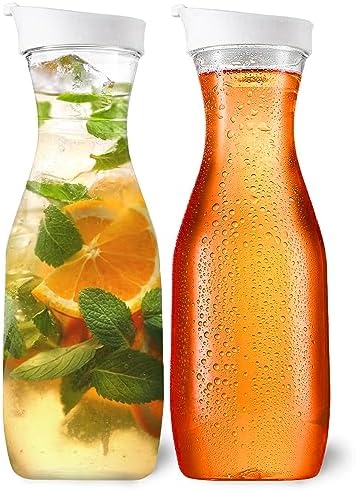 DilaBee Plastic Water Pitcher With Lid Round Carafe Pitchers for drinks, Milk, Smoothie, Iced Tea, Mimosa Bar - BPA-Free - Not Dishwasher Safe (2-Pack, 32 Ounce)