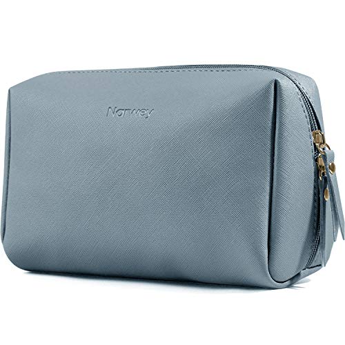 PU Leather Makeup Bag Travel Cosmetic Bag Organizer Make up Bag with Organization Pockets for Women (Large, Greyish Blue)