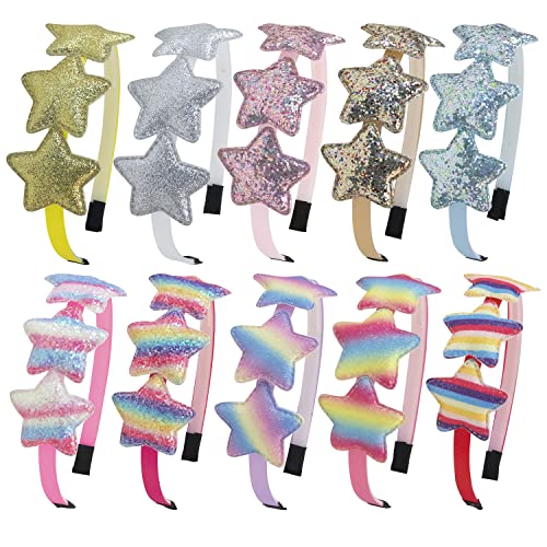 XIMA 10PCS Headbands for Toddlers, Rainbow Glitter Star Girls Headbands for Teens Kids Children Hair Accessories (10PCS Star Headbands)