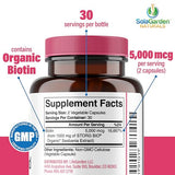 Whole Food Biotin Supplement - Contains Certified Organic Plant Based Biotin from Sesbania Agati Trees - by SolaGarden Naturals. May Support Hair, Skin and Nails. 60 Non GMO Veggie Capsules.