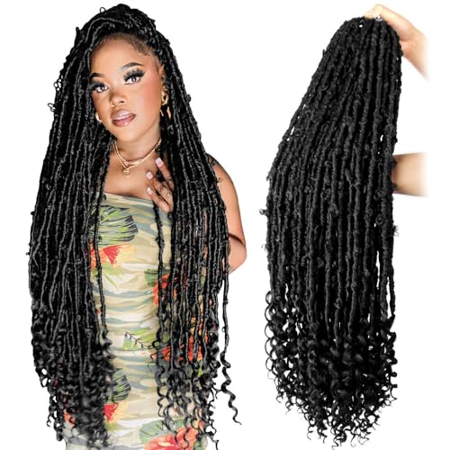 Crochet Butterfly Locs with Curly Ends 36 Inch, Boho Distressed Butterfly Locs Crochet Hair, Black Bohemian Goddess Faux Butterfly Braids with Curly Ends (6 Packs, 1#)
