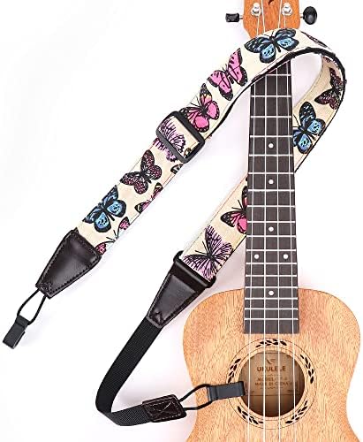 Ukulele Strap No Drill, Adjustable Double J Hook Clip on Uke Shoulder Strap, Hawaiian Butterfly Printing Hands Free Ukelele Strap, Easy to Use and Fit Most Standard Uke Sizes