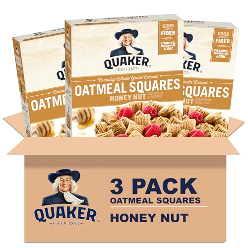 Quaker Oatmeal Squares Crunchy Whole Grain Breakfast Cereal, Honey Nut, 14.5 Oz Boxes (Pack of 3)
