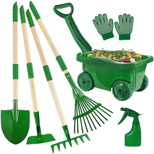 Duckura Kids Gardening Tools Set - 7pcs Wheelbarrow Set for Kids with Shovel, Rake, Leaf Rake, Summer Outdoor Yard Digging Weed Toys, Easter Birthday Gifts for Boys Girls Age 3 4 5 Years Old(Green)