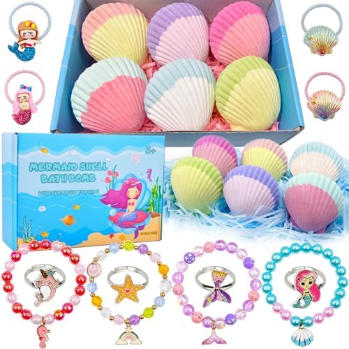 Mermaid Bath Bombs for Kids Girls with Surprise Inside, 6 Pcs Natural Fizzy Princess Fun Shell Bubble Bath Bomb Kit with Jewelry Toys, Christmas Easter Basket Stuffer Valentines Day Birthday Gift Set