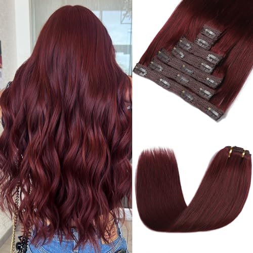 Clip in Hair Extensions Real Human Hair, Burgundy Wine Red Hair Extensions Real Human Hair Clip ins Straight, Premium Soft 7pcs Remy Human Hair Clip in Extensions for Women (#99J 14 Inch)