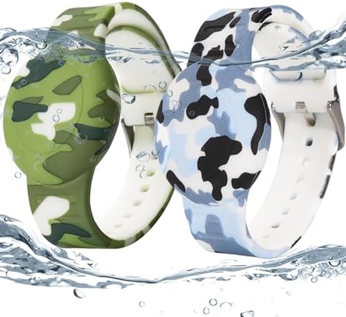 2 Pack Waterproof AirTag Bracelet for Kids, Hidden Printed Wristband for Apple Air Tag, Silicone AirTag Holder GPS Tracker Case for Band for Child Toddler, Secure Anti-Lost Protection(Camouflage)