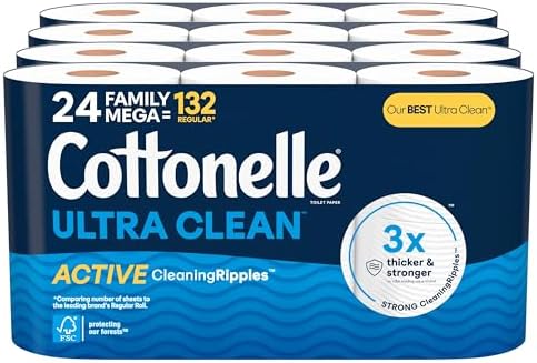 Cottonelle Ultra Clean Toilet Paper with Active CleaningRipples Texture, Strong Bath Tissue, 24 Family Mega Rolls (24 Family Mega Rolls = 132 Regular Rolls) (4 Packs of 6), 353 Sheets per Roll