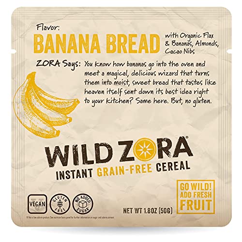 Wild Zora Instant Grain-Free Hot Cereal - Breakfast Cereals, Instant Hot Packets, Sugar, Grain, Dairy, Soy & Gluten Free, Morning Foods - Banana Bread with Bananas, Almonds & Cacao Nibs, 5-Pack, 50g