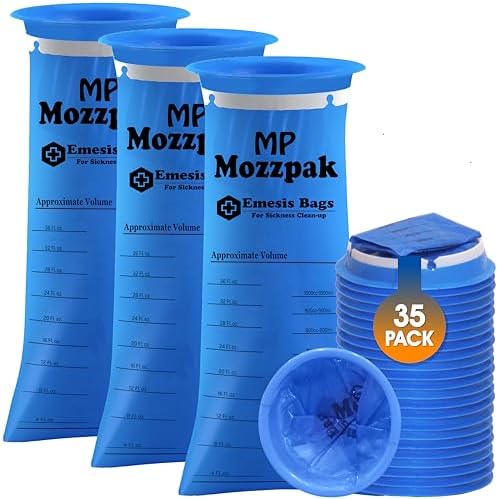 MP MOZZPAK Vomit Bags Disposable – 35 Pack – 1000ml Barf Bags – Leak Resistant, Medical Grade, Portable Emesis Bags, Puke, Throw Up, Nausea Bags for Travel Motion Sickness, Car & Aircraft, Kids, Taxi