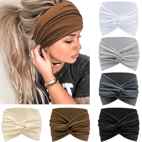 Wide Headbands for Women Knotted No Slip Head Bands Soft Turban Headband Hair Accessories Boho African Solid Color Head Wraps for Women Yoga Workout Pack of 6（Brown）