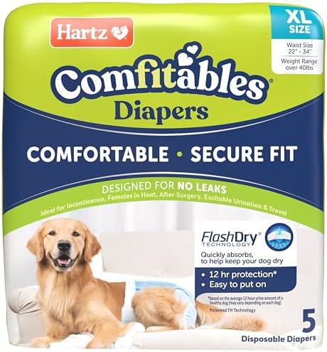 Hartz Comfitables Disposable Dog Diapers, Size Extra Large 5 count, Comfortable & Secure Fit, Easy to Put On, Super Absorbent Male and Female Diaper