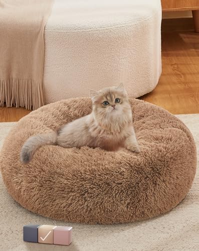 OhGeni Calming Donut Cat Bed Pillow for Small Pets, Machine Washable Removable Cover, Comfort Plush Fluffy Faux Fur with Anti-Slip Bottom, Dogs-Friendly Round Cuddly Design, Ocher, 20 inches