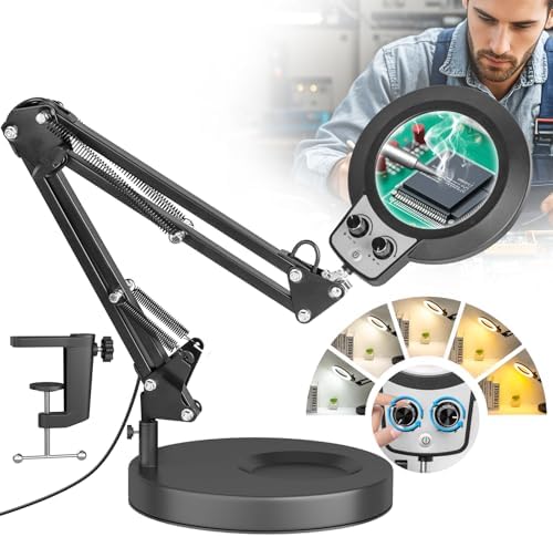 12X Magnifying Glass with Light and Stand, Infinite Color Modes & Stepless Brightness LED Magnifying Lamp with Clamp, 2-in-1 Hands Free Lighted Magnifier for Craft Reading Painting Hobby Close Work