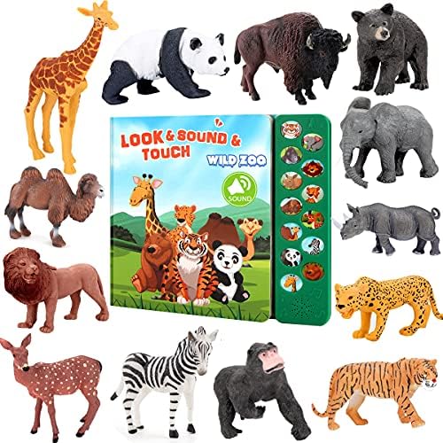 Safari Animals Figures Toys - 13 Realistic Wild Plastic Animal Figurines & Kids Sound Book - Educational Learning Toys Gift for 3 Years Old & Up Boys Girls Toddlers
