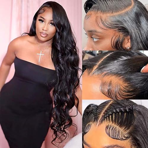 Douyin Body Wave Lace Front Wigs Human Hair Pre Plucked 13x4 Transparent Lace Front Wigs For Women Human Hair Wig Glueless Frontal Wigs Natural Black Color (36 inch, 13X4 Body Wave Wig)