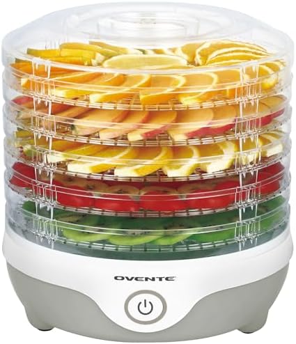 OVENTE Food Dehydrator Machine with 5 Stackable Clear Trays and Drying Space, 240W Electric Food Preserver and Dryer for Snacks, Beef Jerky, Fruits, Veggies, Yogurt and Herbs, Grey DF215GY