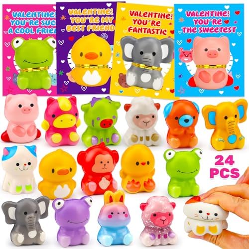 24PCS Fidget Toys Slow Rising Soft Animal Toys Valentines Day Cards for Kids School Classroom Party Favors for Kids Toddler Valentine Treats Exchange Gifts Goodie Bag Stuffers Class Prizes Bulk Gift