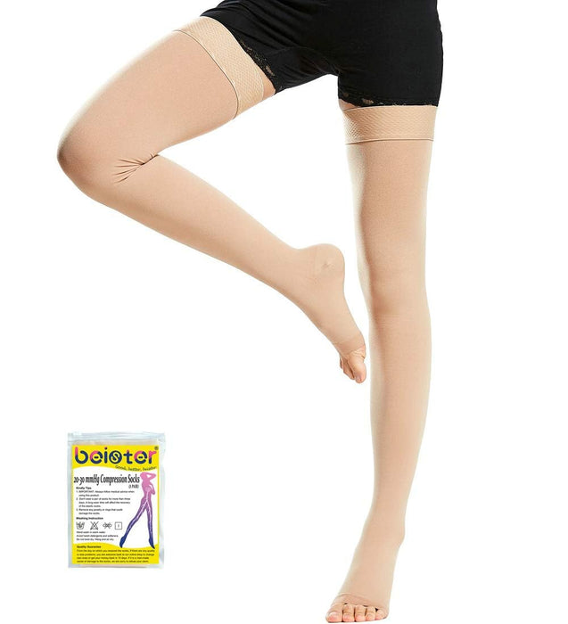 Beister 1 Pair Medical Open Toe Thigh High Compression Stockings with Silicone Band for Women & Men, Firm 20-30 mmHg Graduated Support for Varicose Veins, Edema, Flight.