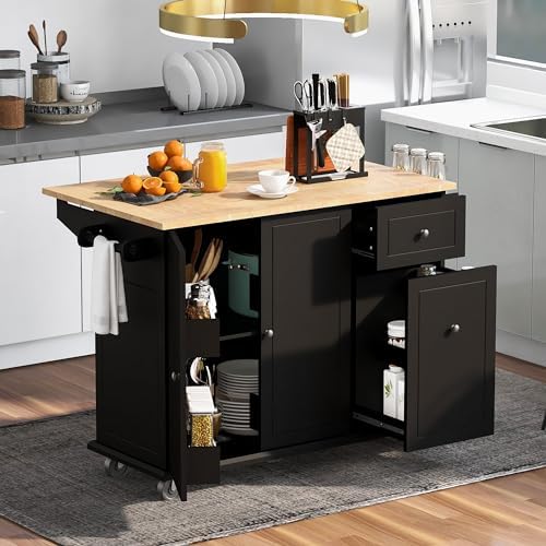 Kitchen Island with Drop Leaf, 360 Rolling Wheels Kitchen Cart W/Storage Rack, Spice-Rack&Towel-Rack, 3 Tier Pull Out Cabinet Organizer for Dining Room,Home Bar, 53.9 in, Black