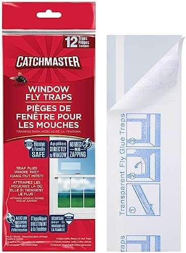 Catchmaster Window Fly Traps 12-Pack, Fruit Fly Traps for Indoors, Disposable Bulk Bug Catcher, Waterproof Insect Glue Trap, Adhesive Strips, Pet Safe Pest Control for Home, Kitchen, & Garage