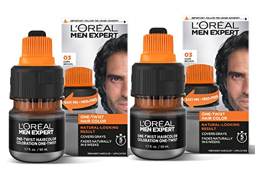 L’Oreal Paris Men Expert One Twist Mess Free Permanent Hair Color, Mens Hair Dye to Cover Grays, Easy Mix Ammonia Free Application, Dark Brown 03, 2 Application Kit