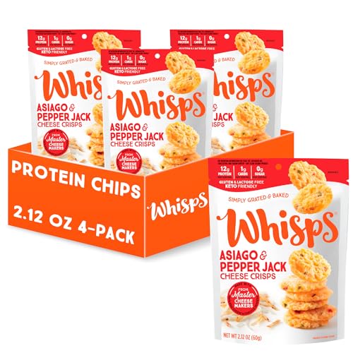 Whisps Cheese Crisps Asiago & Pepper Jack | Protein Chips | Healthy Snacks | Protein Snacks, Gluten Free, High Protein, Low Carb Keto Food (2.12 Oz, 4 Pack)