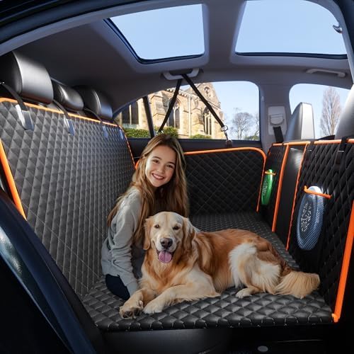 Dog Car Seat Cover for Back Seat Hard Bottom Holds 420LBS,Waterproof Dog Hammock for Car Dog Car Bed,Back Seat Extender with Mesh Window and Storage Pocket for Car, SUV,Truck
