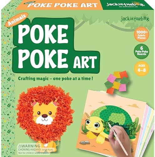 jackinthebox Poke Poke Art for Kids – Animals Theme Like Tortoise, Snail, Lion, Owl, Macaw, Butterfly, Mess-Free Sewing Art for Kids, Toys for Girls and Boys Ages 4 5 6 7 8, Great Gift for Kids