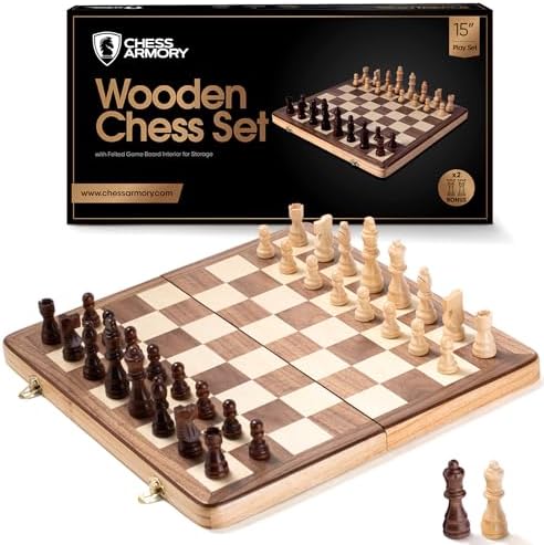 Chess Armory Wooden Chess Set 15 Inch Portable Travel Chess Board Game for Adults and Kids with Extra Queen Piece and Storage Box