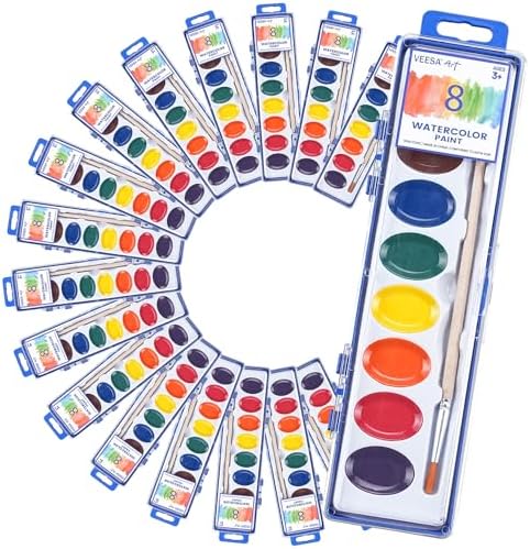 8-Color Watercolor Paint Set for Kids, 24 Pack Washable Water Color Paints, Non-Toxic Watercolors for Classroom, Parties and Art Activities (Paintbrush Included)