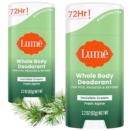 Lume Whole Body Deodorant - Invisible Cream Stick - 72 Hour Odor Control - Aluminum Free, Baking Soda Free, Skin Safe - 2.2 Ounce (Pack of 2) (Fresh Alpine)