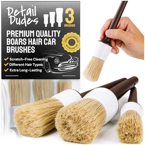Soft Boars Hair Car Detailing Brush Set for Washing (3 Pack) - Car Detailing Kit - Automotive Cleaning Brush