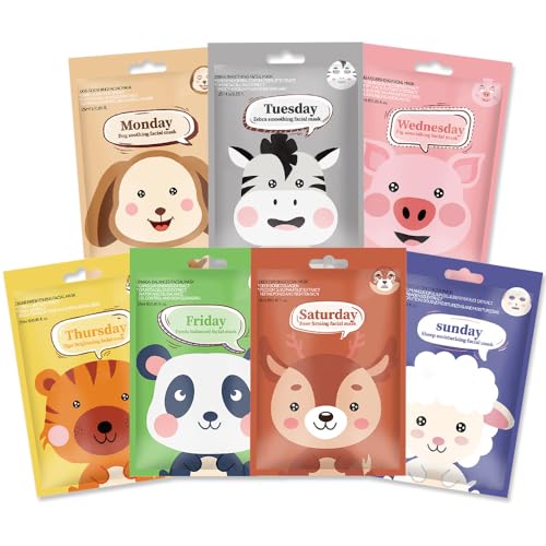 Kaely 7 Pack Animal Character Sheet Masks, Face Masks for Kids Teens Skin Care, Korean Soothe Facial Mask for All Skin Types, Girls Night Skincare Spa Party, Birthday Gifts for Women Men, Set01