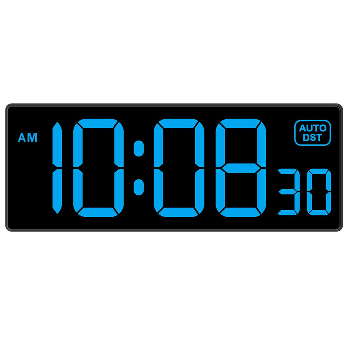 Soobest LED Wall Clock Digital Clock with Seconds, Electric Plug in Large Big Numbers Clock 5 Dimmers Wall Mount for Living Room, Auto DST, 10 Inches (Blue)