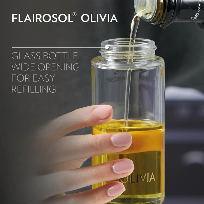 FLAIROSOL OLIVIA. The Original Advanced Oil Sprayer for Cooking, Salads, BBQs and More, Continuous Spray with Portion Control, Trusted by Chefs. Patented Technology. (Glass Bottle) (Golden Leaves)