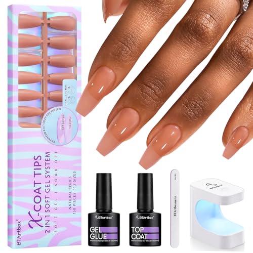 BTArtbox XCOATTIPS Gel Nail Kit - Medium Coffin Press on Nails Pre-applied Tip Primer with Gel Glue and Top Coat, Brown Fake Nails for Christmas Gift