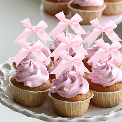 Pink Bow Cupcake Toppers - Pink Bow Cake Topper,Pink Bow Birthday Decorations,Coquette Themed Party Decoration,Bridal Shower Bachelorette Cake Toppers