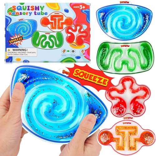 Squishy Sensory Toys for Kids - 4 Pack Fidget Toy Sensory Maze for Autism - Stress Anxiety Relief Toys for Calm Down - Squeeze Fidget Toy Filled Goo, Glitter, Easter Prizes for Kids Classroom