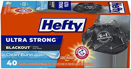 Hefty Ultra Strong Tall Kitchen Trash Bags, Blackout, Clean Burst, 13 Gallon, 40 Count