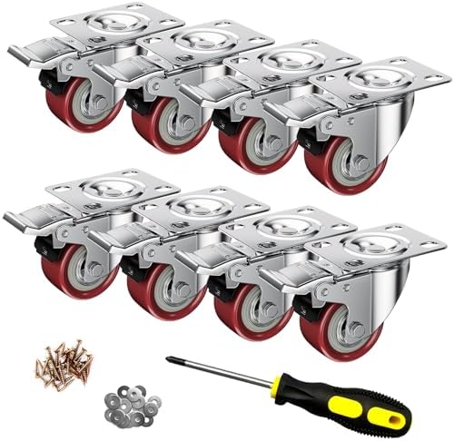 2 Inch Caster Wheels, Casters Set of 8, ASHGOOB Red Polyurethane (PU) Casters with Brake Heavy Duty, Industrial Locking Swivel Top Plate Castor Wheels for Workbench/Furniture/Cart