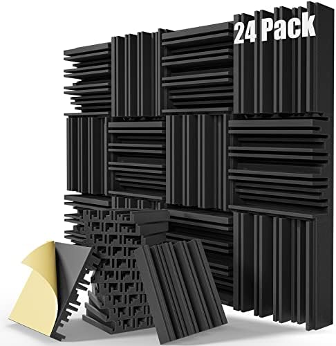Upgrade 24 pack Self-adhesive Sound Proof Foam Panels,12" X 12" X 2" Acoustic Panels with High Density,Decorative Soundproof Wall Panels Studio Sound Absorbing Foam for Wall and Ceiling(Black）