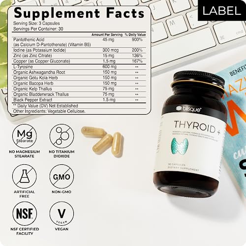 Blisque – Thyroid Support Supplement Complex for Metabolism Boost and Increased Energy, Clarity, and Focus | Doctor-Approved | with Iodine, Ashwagandha, Zinc, L-Tyrosine | 90 Capsules