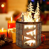 MorTime LED Revolving Music Box Advent Calendar Decorated with Christmas Tree Reindeer House LED Lights, Lighted Wooden Carved 24 Day Countdown to Christmas Calendar, 24 Storage Drawers