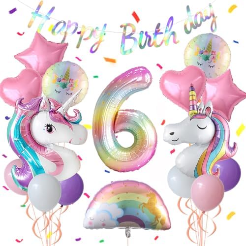 Unicorn 6th Birthday Party Decorations for Girl Purple Pink Unicorn Party Theme Balloon Set, Large Rainbow Unicorn Helium Balloons with Heart and Star Baby Shower Kids Supplies (number 6 set)