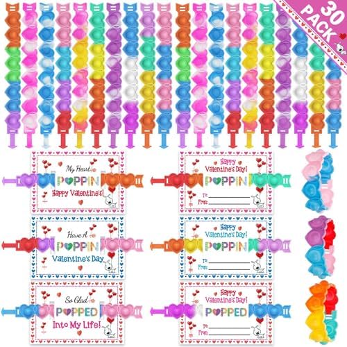 30 Packs Valentine's Day Cards for Kids with Heart Pop Bracelets Bubble Toys, Valentine's Day School Classroom Prizes, Valentine Exchange Gift, Kids Valentine Party Favors