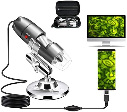 USB Microscope Camera 40X to 1000X, Cainda Digital Microscope with Metal Stand & Carrying Case, Compatible with Android Windows Linux Mac, Portable Microscope Camera for Kids Students Adults (Gray)