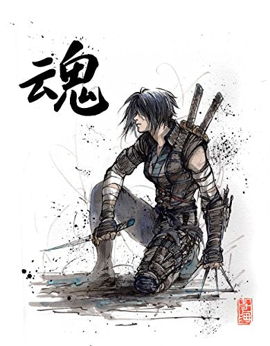 8x10 Print of sumi watercolor Ninja Kunoichi inspired by Major Kusanagi Ghost