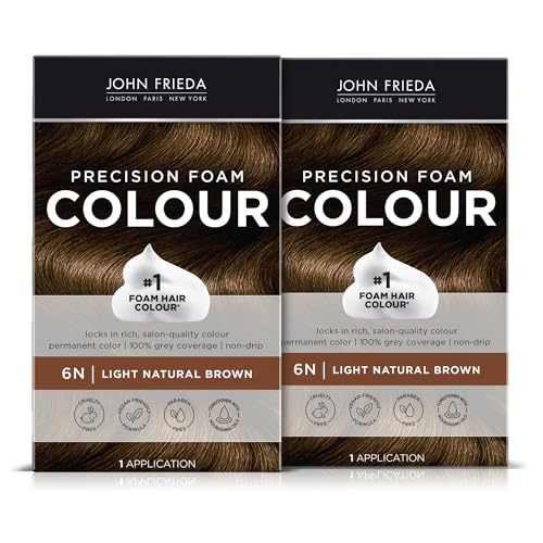 John Frieda Brown Permanent Precision Foam Hair Color Kit, Light Brown Hair Dye, 6N Light Natural Brown Hair Coloring Kit, Pack of 2
